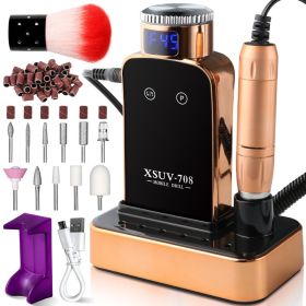 Professional Electric Nail Drill, 45000 RPM Cordless Rechargeable E-File Machine, With 12 Bits, Sanding Bands, LCD Display For Acrylic Gel Nails (Option: Gold)