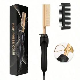 Electric Hair Straightening Brush 2 in 1 Styling Comb for Straightening and Curling Wet Dry and Synthetic Hair (Color: black)