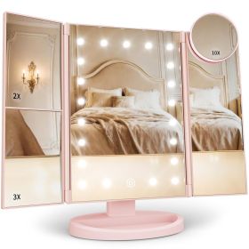 Makeup Mirror, Vanity Mirror with Lights, 2X/3X/10X Magnification, Touch Control, Trifold, Dual Power Supply, Gifts Mothers Day for Mom (Color: Pink)