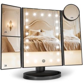 Makeup Mirror, Vanity Mirror with Lights, 2X/3X/10X Magnification, Touch Control, Trifold, Dual Power Supply, Gifts Mothers Day for Mom (Color: black)