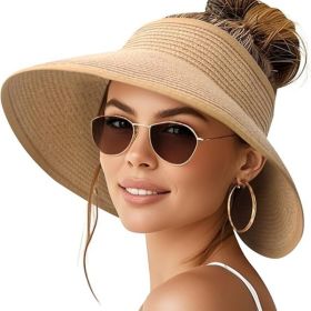Sun Visor Hats for Women Wide Brim Ponytail Straw Beach Hat Packable Foldable UPF 50+ Floppy Travel Hats (Style: Khaki   Classic)