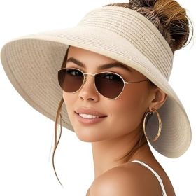 Sun Visor Hats for Women Wide Brim Ponytail Straw Beach Hat Packable Foldable UPF 50+ Floppy Travel Hats (Style: Beige   Classic)