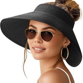 Sun Visor Hats for Women Wide Brim Ponytail Straw Beach Hat Packable Foldable UPF 50+ Floppy Travel Hats (Style: Black   Classic)