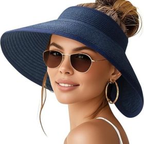 Sun Visor Hats for Women Wide Brim Ponytail Straw Beach Hat Packable Foldable UPF 50+ Floppy Travel Hats (Style: Blue    Classic)