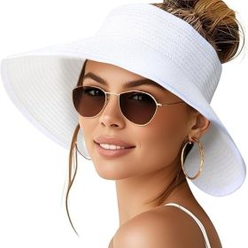 Sun Visor Hats for Women Wide Brim Ponytail Straw Beach Hat Packable Foldable UPF 50+ Floppy Travel Hats (Style: White   Classic)