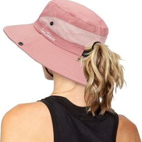 Women's Outdoor UV-Protection-Foldable Sun-Hats Mesh Wide-Brim Beach Fishing Hat with Ponytail-Hole (Color: Pure Pink)