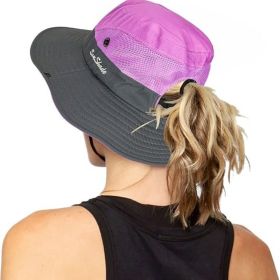 Women's Outdoor UV-Protection-Foldable Sun-Hats Mesh Wide-Brim Beach Fishing Hat with Ponytail-Hole (Color: Purple)