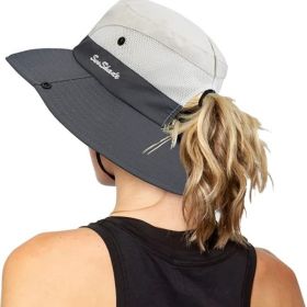 Women's Outdoor UV-Protection-Foldable Sun-Hats Mesh Wide-Brim Beach Fishing Hat with Ponytail-Hole (Color: Beige/Grey)