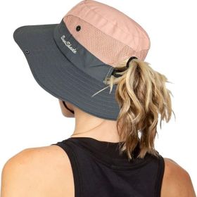 Women's Outdoor UV-Protection-Foldable Sun-Hats Mesh Wide-Brim Beach Fishing Hat with Ponytail-Hole (Color: Pink)