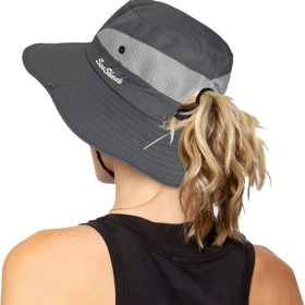 Women's Outdoor UV-Protection-Foldable Sun-Hats Mesh Wide-Brim Beach Fishing Hat with Ponytail-Hole (Color: Dark Grey)