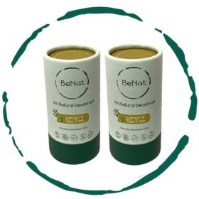 BeNat All Natural Plastic-Free Deodorant 3oz - Aluminum-Free Eco-Friendly Stick for Men & Women (OPTIONS: 2-Pack Lemon & Tea Tree)