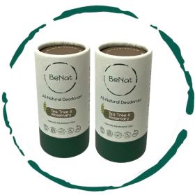 BeNat All Natural Plastic-Free Deodorant 3oz - Aluminum-Free Eco-Friendly Stick for Men & Women (OPTIONS: 2-Pack Tea Tree & Rosemary)