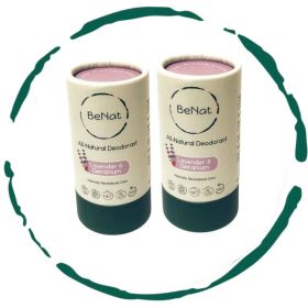 BeNat All Natural Plastic-Free Deodorant 3oz - Aluminum-Free Eco-Friendly Stick for Men & Women (OPTIONS: 2-Pack Lavender & Geranium)